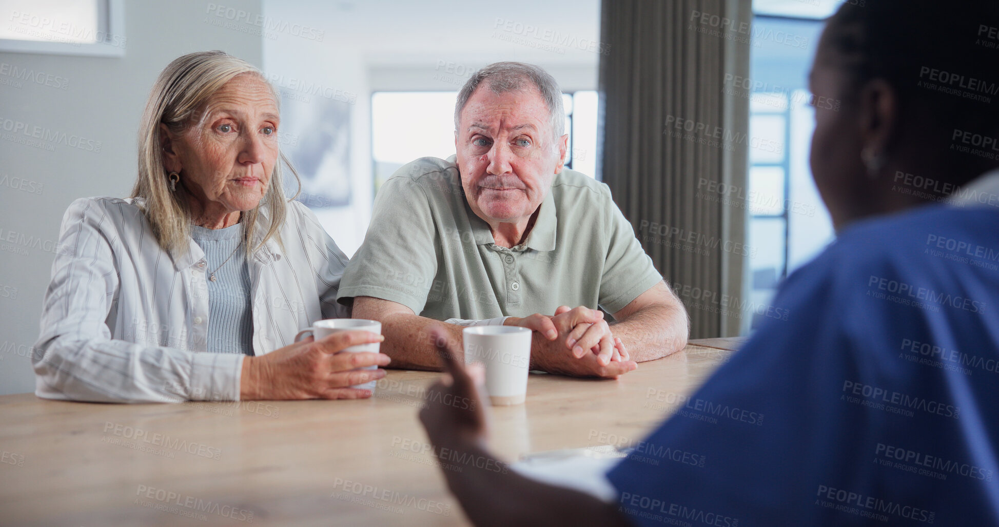 Buy stock photo Nurse, elderly couple and consultation in home for healthcare insurance, medical aid or advice. Retirement, man and woman with caregiver for policy discussion, feedback or wellness coverage at house