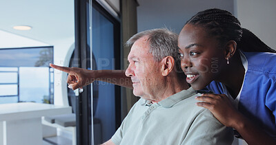 Buy stock photo Nurse, old man and happy with pointing for senior care, wellness and window view with smile in home. Caregiver, person with disability and talking for assistance, help and support for homecare