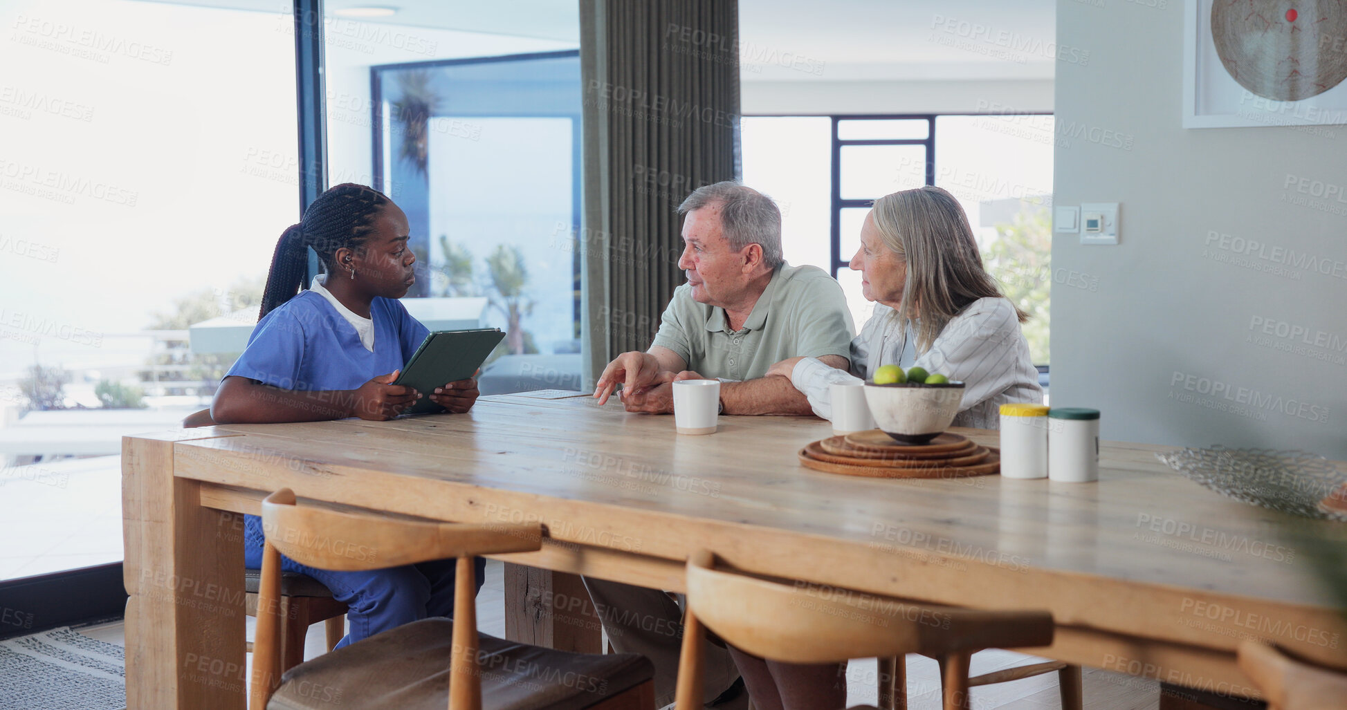 Buy stock photo Nurse, old couple and consultation in home with tablet, healthcare insurance and medical aid. Retirement, man or woman with caregiver for wellness coverage, feedback or policy discussion with tech