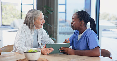 Buy stock photo Nurse, talk and old woman in house with tablet, online test results and good news for health checkup. Senior person, caregiver and happy in home with tech, advice and positive feedback for diagnosis.