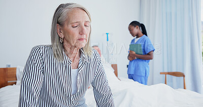 Buy stock photo Thinking, old woman and sad in bedroom at hospital, recovery and patient with chronic illness. Sorrow, senior person and vision with nurse for bad news, cancer diagnosis and geriatric rehabilitation