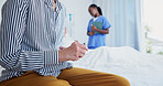 Hands, old person and visitor with anxiety at hospital, medical results and bad news for illness. Stress, senior people or fidget in facility with nurse, cancer diagnosis and geriatric rehabilitation