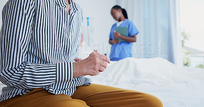 Buy stock photo Hands, old person and visitor with anxiety at hospital, medical results and bad news for illness. Stress, senior people or fidget in facility with nurse, cancer diagnosis and geriatric rehabilitation