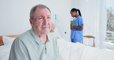 Buy stock photo Thinking, old man and visitor in bedroom at hospital, recovery and patient with chronic illness. Sorrow, senior person or vision with nurse for bad news, cancer diagnosis and geriatric rehabilitation