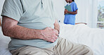 Hands, old man and visitor with anxiety at hospital, medical results and bad news for illness. Stress, senior person and fidget in facility with nurse, cancer diagnosis and geriatric rehabilitation