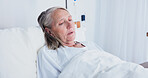Thinking, old woman and rest in bed at hospital, medical results and recovery for chronic illness. Sad, senior person or vision at facility for bad news, cancer diagnosis and geriatric rehabilitation