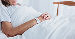 Hands, old woman and rest in bed at hospital, medical results and recovery for chronic illness. Thinking, senior person and patient at facility for treatment, cancer diagnosis and geriatric healing