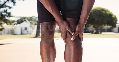 Buy stock photo Legs, knee pain and person with injury in park for exercise, fitness or training accident. Hands, sports and hurt athlete massage muscle for fibromyalgia, arthritis or health discomfort outdoor
