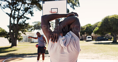 Buy stock photo Man, stretching and basketball court with fitness, exercise preparation or workout outdoor with friends. Back, person and warm up in park for sports, wellness or getting ready for training in summer
