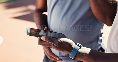Buy stock photo Fitness, phone and hands of people in park for message app, tracker and social media. Exercise, communication and training with friends in nature for health, tech and workout planning outdoor