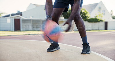 Buy stock photo Hands, person and ball on court for basketball, practice shooting and technique for match. Motion blur, player and dribble at park for fitness, sports training and bounce skills for competition game