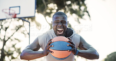 Buy stock photo Angry, black man and ball on court for basketball, practice match and weekend hobby for contest. Portrait, male person or screaming at park for fitness, sports training and ready for competition game
