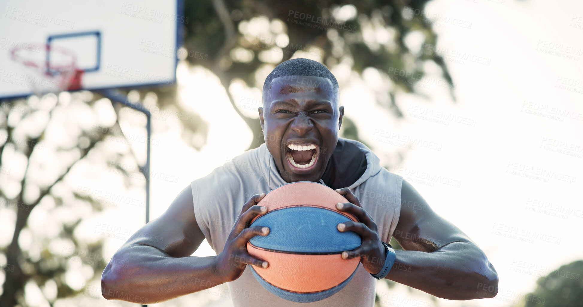 Buy stock photo Angry, black man and ball on court for basketball, practice match and weekend hobby for contest. Portrait, male person or screaming at park for fitness, sports training and ready for competition game