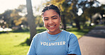Volunteer, happy and portrait of woman in park for climate change, environmental care and charity. Nature, activist and person with smile for sustainability, community service and eco friendly ngo