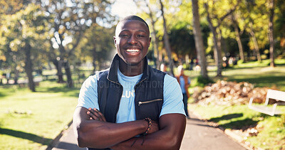 Buy stock photo Volunteer, happy and portrait of black man in park for climate change, environmental care and charity. Crossed arms, outdoor and person for sustainability, community service and eco friendly ngo