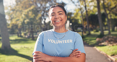 Buy stock photo Volunteer, park and portrait of woman with crossed arms for climate change, sustainability and charity. Confidence, nature and happy person for environment care, community service or eco friendly ngo
