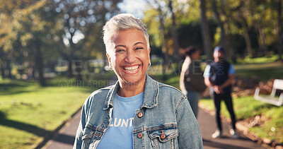 Buy stock photo Volunteer, mature and portrait of happy woman in park for climate change, sustainability and charity. Nature, smile and person with environmental campaign, community service and eco friendly ngo