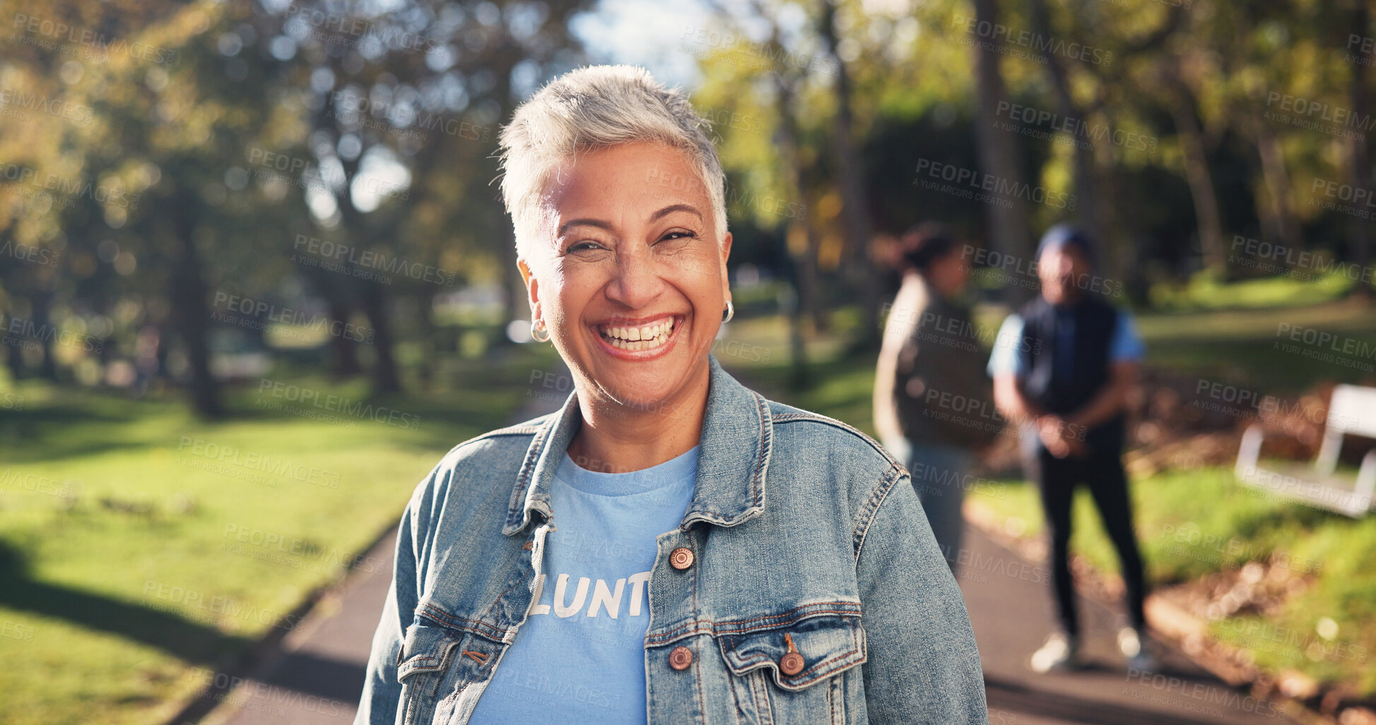Buy stock photo Volunteer, mature and portrait of happy woman in park for climate change, sustainability and charity. Nature, smile and person with environmental campaign, community service and eco friendly ngo
