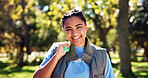Volunteer, recycling and portrait of woman in park for cleaning, community service and litter. Happy, outdoor and person with trash bag for environmental care, climate change and eco friendly charity