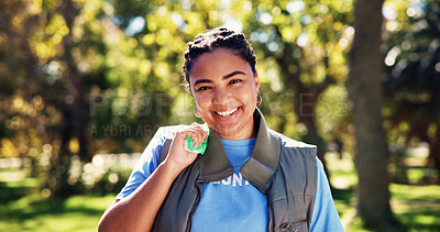 Buy stock photo Volunteer, recycling and portrait of woman in park for cleaning, community service and litter. Happy, outdoor and person with trash bag for environmental care, climate change and eco friendly charity