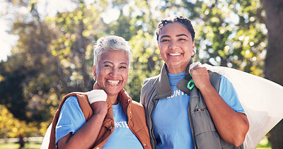 Buy stock photo Volunteer, recycling and portrait of people in park for cleaning, community service and litter. Happy, friends and women with trash bag for environmental care, climate change and eco friendly charity