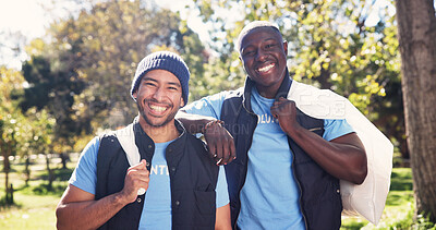 Buy stock photo Volunteer, cleaning and portrait of people in park for recycling, community service and litter. Happy, outdoor and men with trash bag for environmental care, climate change and eco friendly charity
