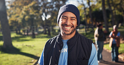 Buy stock photo Volunteer, laugh and portrait of man in park for climate change, environmental care and charity. Happy, outdoor and person with support for sustainability, community service and eco friendly ngo
