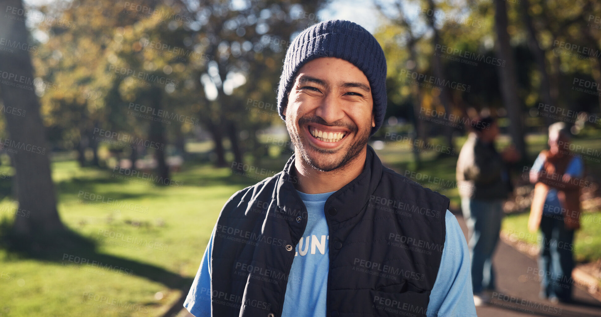 Buy stock photo Volunteer, laugh and portrait of man in park for climate change, environmental care and charity. Happy, outdoor and person with support for sustainability, community service and eco friendly ngo