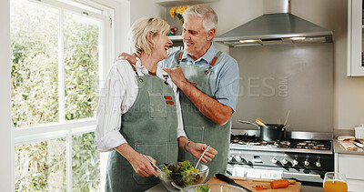 Buy stock photo Cooking, support and old couple in kitchen with healthy food, bonding together and laugh for joke. Happy, married senior people and meal prep in house with love, nutrition and retirement wellness.