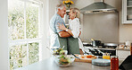 Cooking, hug or senior couple in kitchen with support, happy moment or bonding with meal prep. Retirement, embrace or elderly people with culinary hobby, healthy relationship or connection in home.