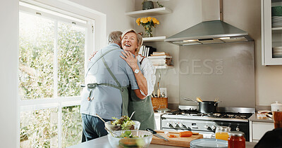 Buy stock photo Cooking, embrace and senior couple in kitchen with support, happy moment and bonding with meal prep. Retirement, hug and elderly people with culinary hobby, healthy relationship or connection in home