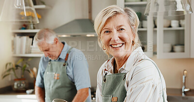 Buy stock photo Cooking, couple and portrait of mature woman in kitchen for help, bonding and meal prep together. Marriage, happy and people with apron to prepare dinner, wellness and smile for relationship in home