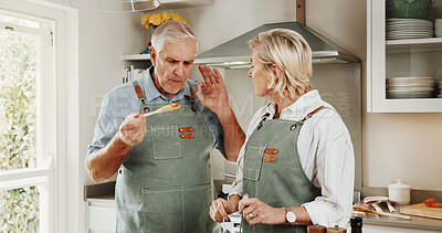 Buy stock photo Cooking, success and senior couple with okay sign for help, bonding and taste for supper in kitchen. Marriage, happy and man with woman with perfect emoji for dinner, lunch and meal approval together