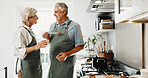 Cooking, smile and senior couple in kitchen with support, happy moment or bonding with meal prep.Retirement, partner or elderly people with culinary hobby, healthy relationship or connection in home