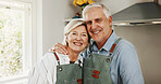 Cooking, portrait or senior couple in kitchen with support, happy moment or bonding with meal prep. Retirement, hug or elderly people with culinary hobby, healthy relationship or connection in home.