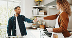 Love, dance and cooking with couple in kitchen for romance, support and connection. Happy, energy and lunch prep with man and woman in home for marriage commitment, music and movement together
