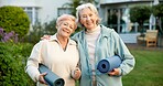 Friends, portrait and old women with mat, fitness and embrace after physical activity or retirement. Outdoor, senior people and hug on workout break, bonding together and happy for wellness in nature