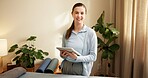 Portrait, physiotherapist and happy woman with tablet in private practice for physiotherapy session. Female person, specialist or therapist with smile or technology for health or wellness in room