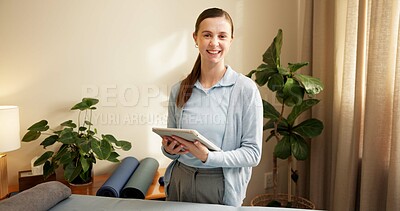 Buy stock photo Portrait, physiotherapist and happy woman with tablet in private practice for physiotherapy session. Female person, specialist or therapist with smile or technology for health or wellness in room