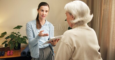 Buy stock photo Physiotherapist, senior and woman with clipboard in private practice for health advice or session. Female person, specialist or therapist with elderly client for visit, checkup or wellness in room