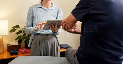Buy stock photo Physiotherapist, patient and elbow pain with tablet in private practice for exam or checkup. Female person, specialist or therapist with client, technology or sore arm for accident, injury or advice
