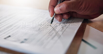 Buy stock photo Hands, person and writing on document with signature, agreement and application for finance loan. Sign, contract or bank survey for funding, financial investment and paperwork for terms and condition