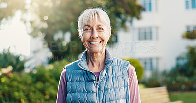 Buy stock photo Fitness, portrait or old woman in backyard with smile, active aging or pride in workout hobby. Happy, bokeh or senior person with confidence, keeping fit or positive attitude in outdoor activity.