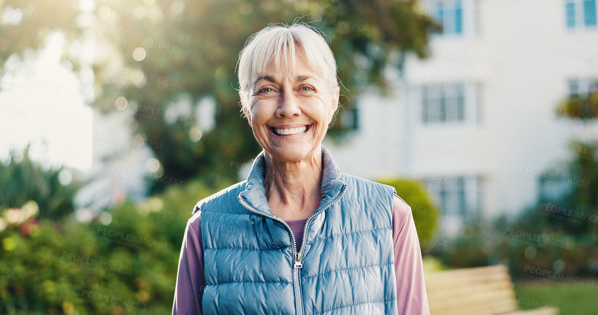 Buy stock photo Fitness, portrait or old woman in backyard with smile, active aging or pride in workout hobby. Happy, bokeh or senior person with confidence, keeping fit or positive attitude in outdoor activity.