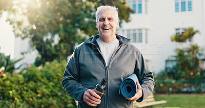 Buy stock photo Fitness, portrait or old man in backyard with mat, active aging or pride in workout hobby. Happy, retirement or senior person with wellness equipment, keeping fit or confidence in outdoor activity.