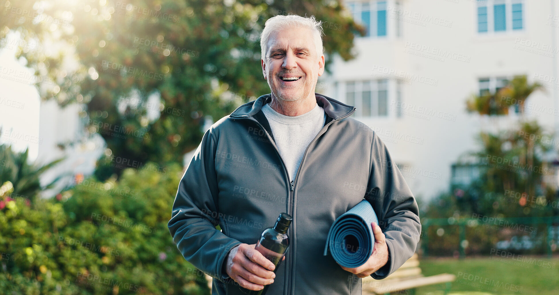 Buy stock photo Fitness, portrait or old man in backyard with mat, active aging or pride in workout hobby. Happy, retirement or senior person with wellness equipment, keeping fit or confidence in outdoor activity.