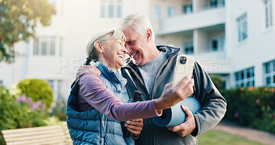 Buy stock photo Fitness, selfie and old couple outdoor with laugh, social media post and memories for retirement. Happy, senior people and photography by apartment building with garden, relationship or workout blog.