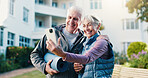 Fitness, selfie and old couple outdoor with smile, social media post and memories for retirement. Happy, senior people and photography by apartment building with workout, relationship or online blog.