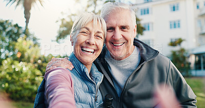 Buy stock photo Portrait, selfie and old couple outdoor with fitness, social media post and memories for retirement. Happy, senior people and photography by apartment building with workout, relationship and blog.