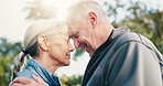 Fitness, forehead and smile of old couple outdoor together for bonding, connection or security. Flare, love and support with happy seniors in park for health, physical exercise or wellness activity